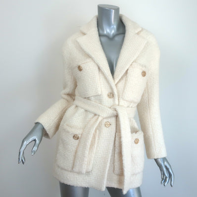 Maje Guiliette Belted Tweed Coat Ecru Wool-Blend Size 34 NEW