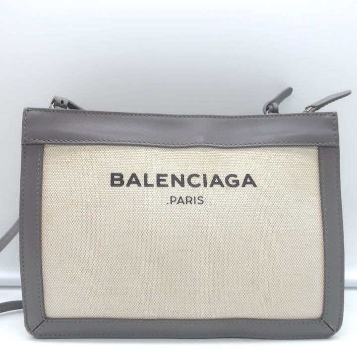 Balenciaga Logo Pochette Cream Canvas &amp; Gray Leather Small Crossbody Bag