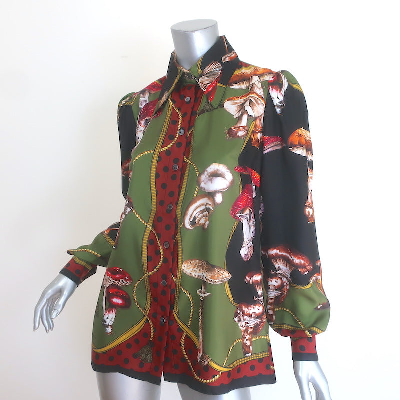 Dolce &amp; Gabbana Mushroom Print Button Down Blouse Green/Multi Silk Twill Size 40
