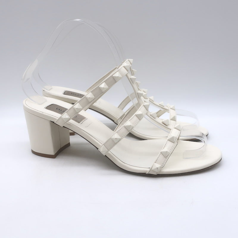 Valentino Rockstud Block-Heel Slide Sandals Cream Leather Size 39