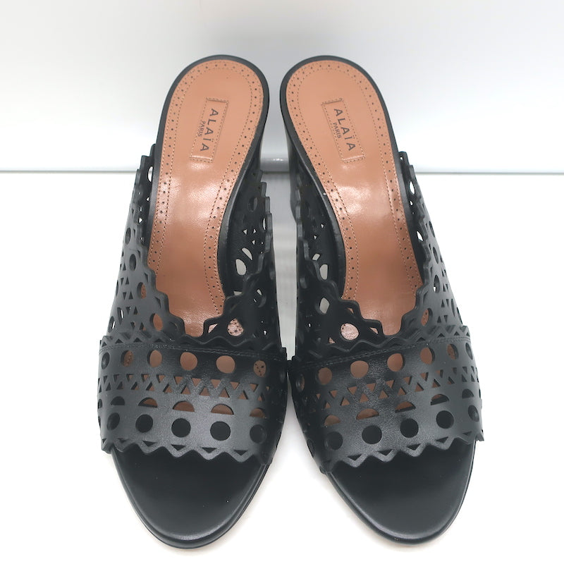 Alaia Laser Cut Leather Mules Black Size 39 Open Toe Heels