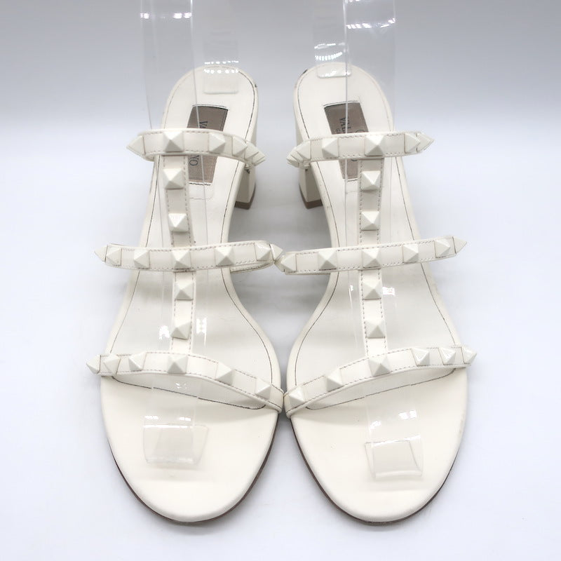 Valentino Rockstud Block-Heel Slide Sandals Cream Leather Size 39