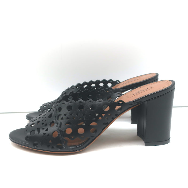 Alaia Laser Cut Leather Mules Black Size 39 Open Toe Heels