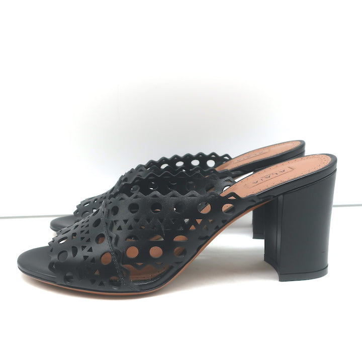 Alaia Laser Cut Leather Mules Black Size 39 Open Toe Heels