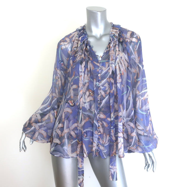 Zimmermann Botanica Tie-Neck Swing Blouse Lavender Butterfly Print Silk Size 1