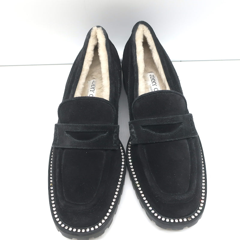 Jimmy Choo Deanna Crystal-Trim Shearling Penny Loafers Black Suede Size 39