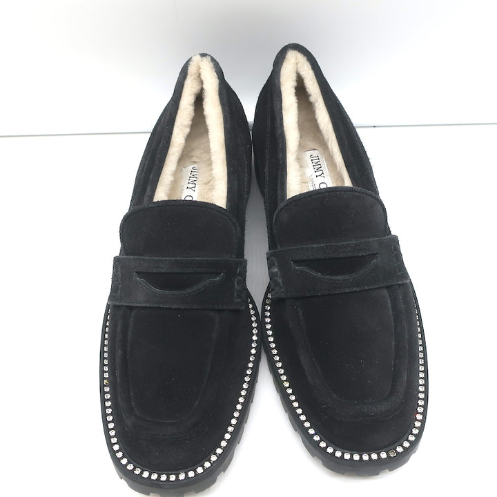 Jimmy Choo Deanna Crystal-Trim Shearling Penny Loafers Black Suede Size 39