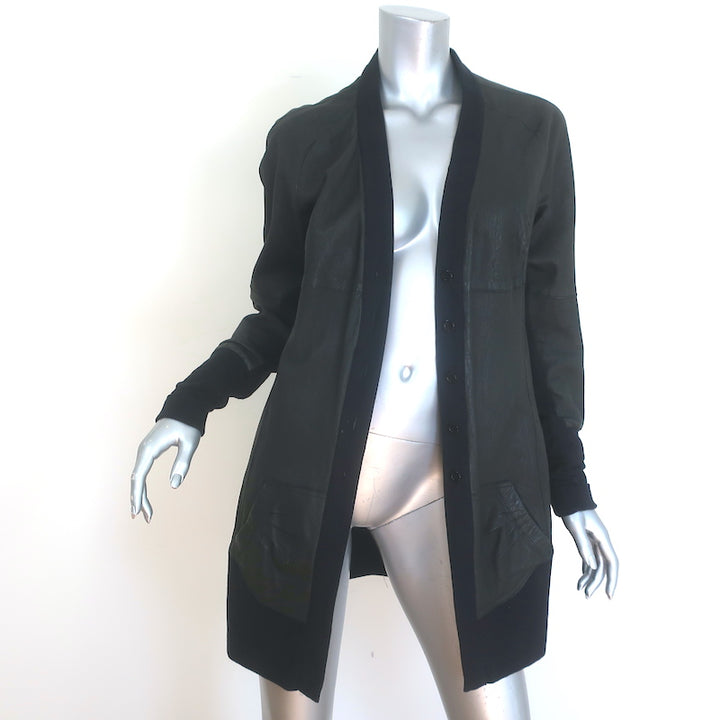 Brogden Leather Button-Front Jacket Black Stretch Cotton Jersey Size 46/Large