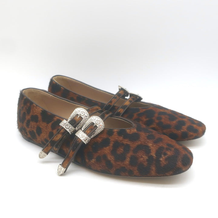 Le Monde Beryl Claudia Leopard Print Calf Hair Mary Jane Flats Brown Size 41