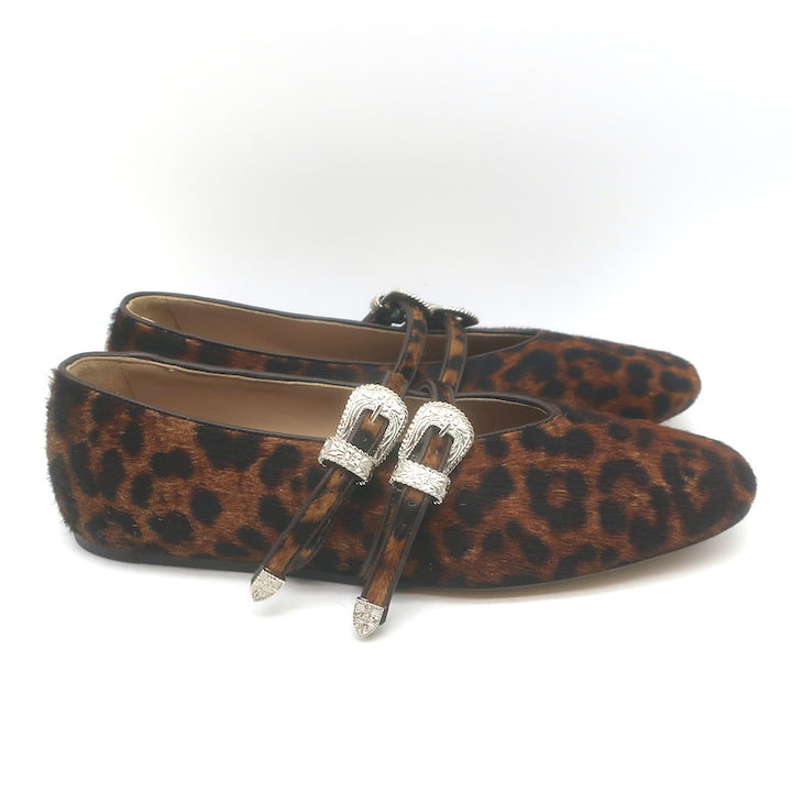 Le Monde Beryl Claudia Leopard Print Calf Hair Mary Jane Flats Brown Size 41