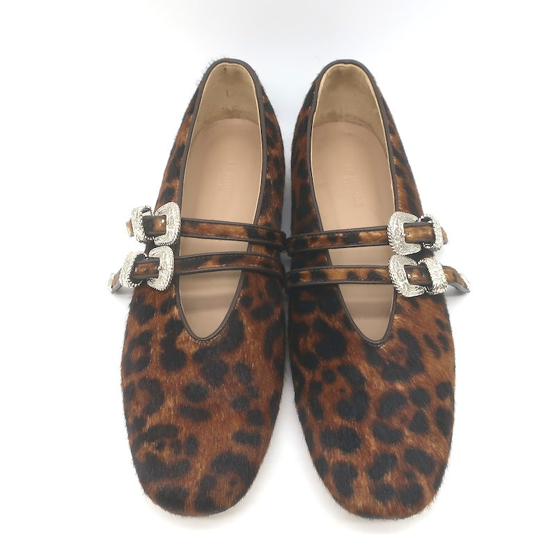 Le Monde Beryl Claudia Leopard Print Calf Hair Mary Jane Flats Brown Size 41