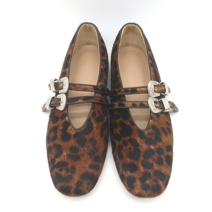 Le Monde Beryl Claudia Leopard Print Calf Hair Mary Jane Flats Brown Size 41