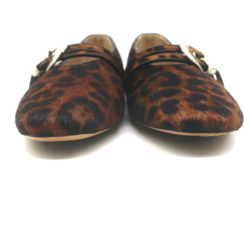 Le Monde Beryl Claudia Leopard Print Calf Hair Mary Jane Flats Brown Size 41