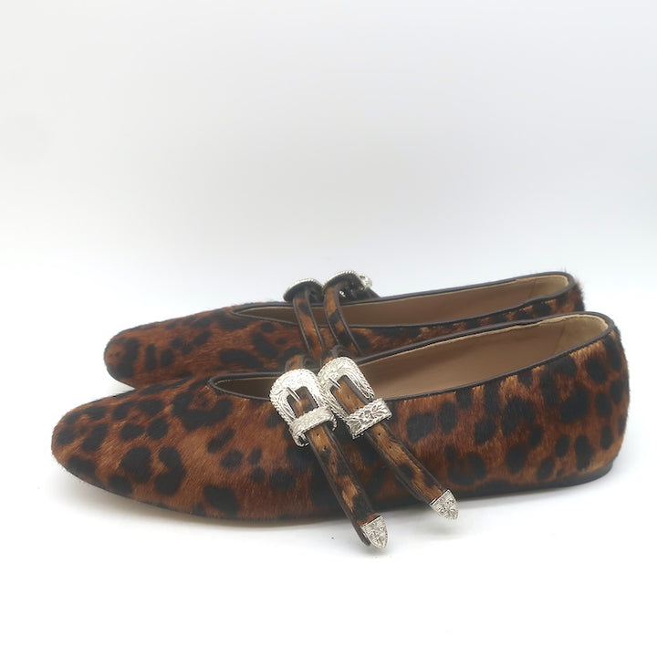 Le Monde Beryl Claudia Leopard Print Calf Hair Mary Jane Flats Brown Size 41
