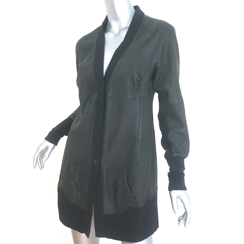 Brogden Leather Button-Front Jacket Black Stretch Cotton Jersey Size 46/Large