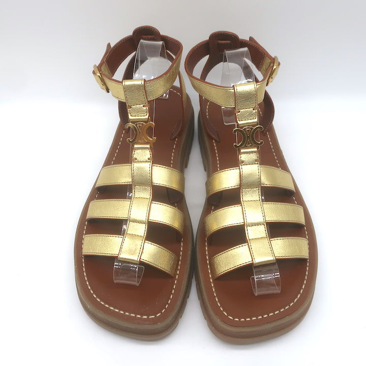 Celine Clea Triomphe Chunky Gladiator Sandals Gold Metallic Leather Size 41