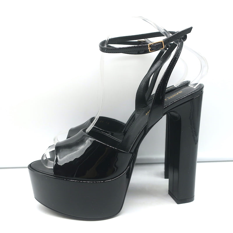 Saint Laurent Jodie Platform Ankle Strap Sandals Black Patent Leather Size 39
