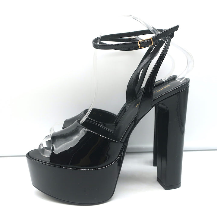 Saint Laurent Jodie Platform Ankle Strap Sandals Black Patent Leather Size 39