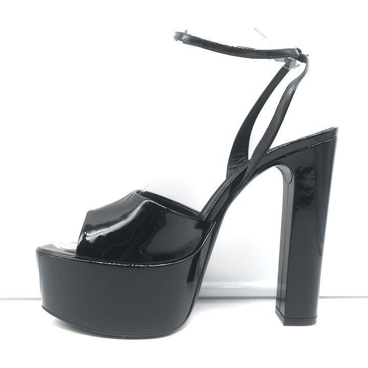 Saint Laurent Jodie Platform Ankle Strap Sandals Black Patent Leather Size 39