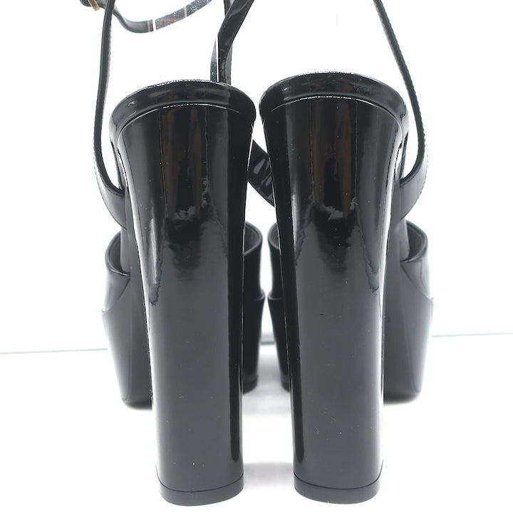 Saint Laurent Jodie Platform Ankle Strap Sandals Black Patent Leather Size 39