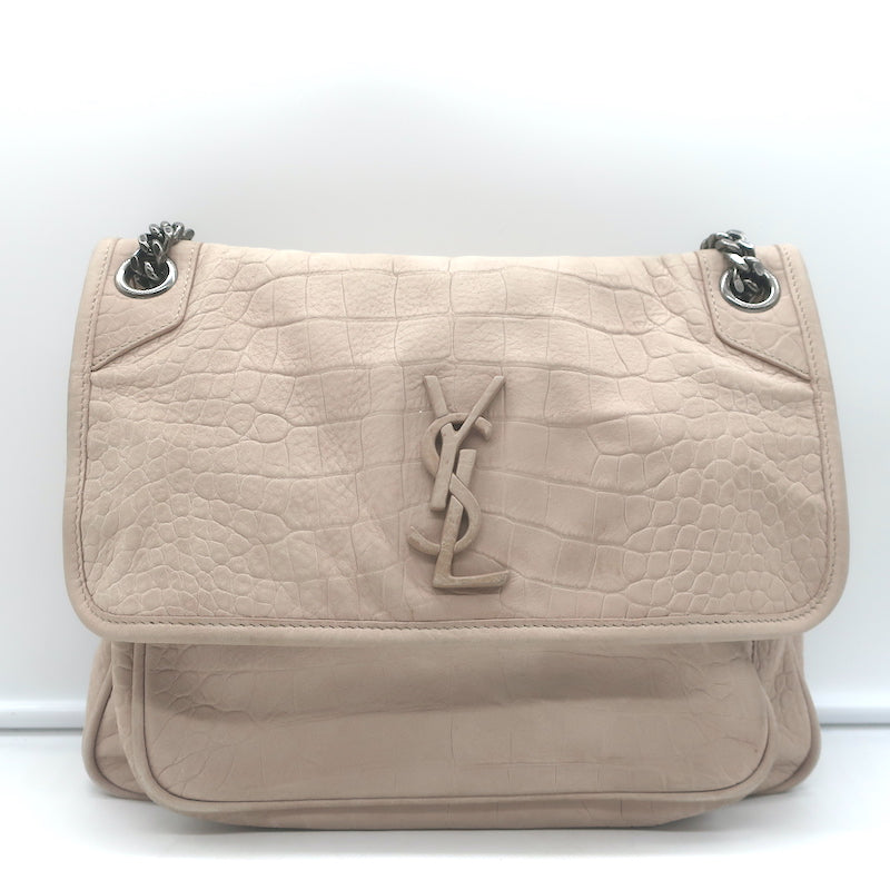 Saint Laurent Niki Medium Croc-Embossed Shoulder Bag Taupe Nubuck