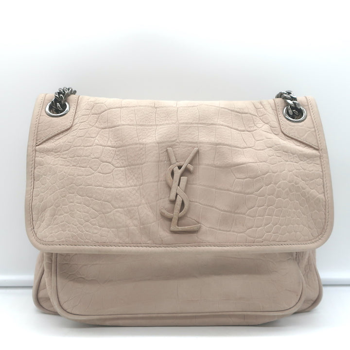 Saint Laurent Niki Medium Croc-Embossed Shoulder Bag Taupe Nubuck