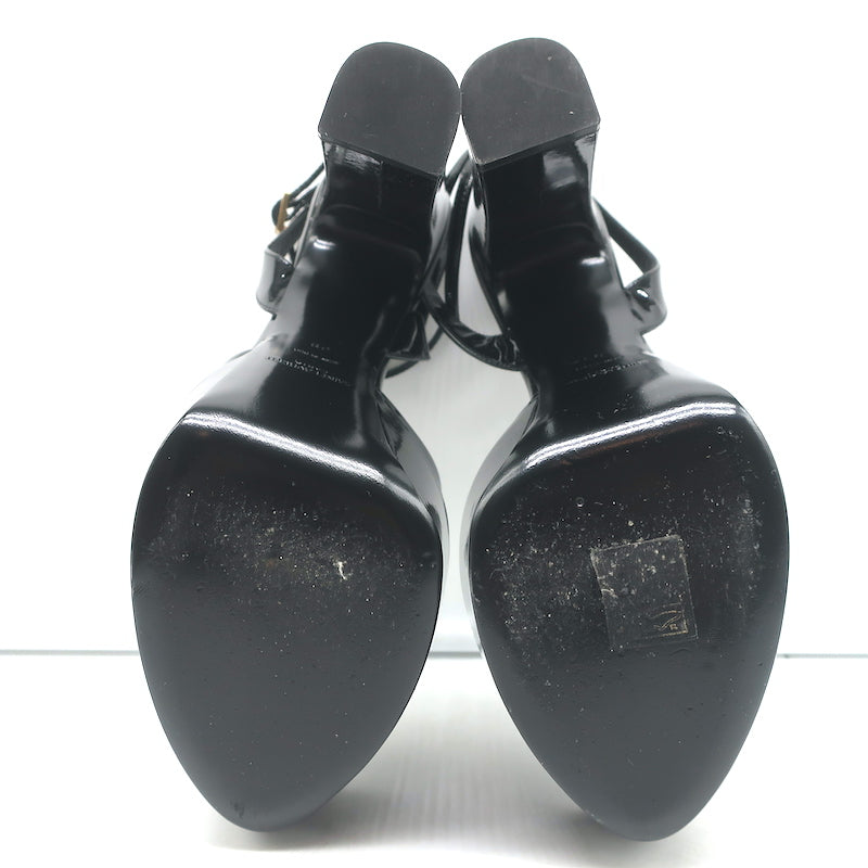 Saint Laurent Jodie Platform Ankle Strap Sandals Black Patent Leather Size 39