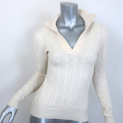 Ralph Lauren Black Label Cable Knit Cashmere Collared Sweater Cream Size Small