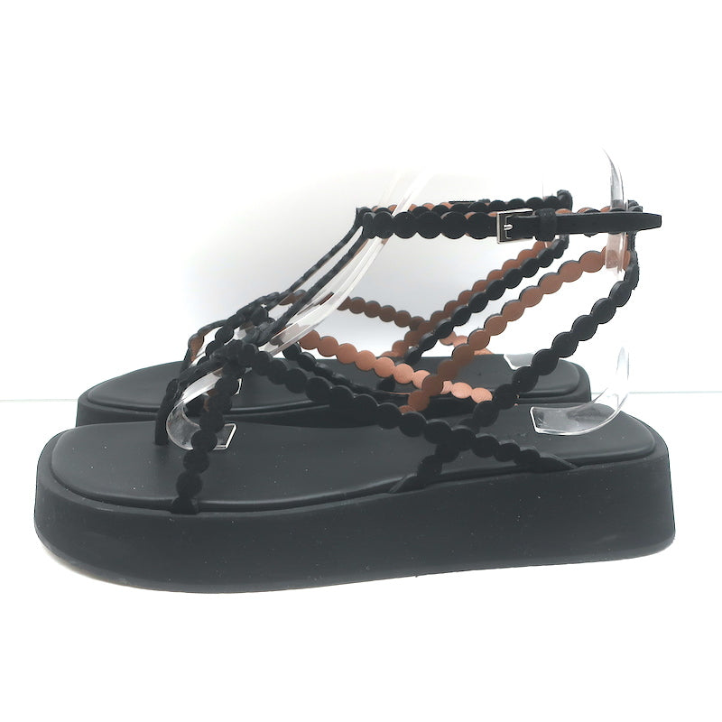 Alaia Chamois Minimal Flatform Sandals Black Scalloped Suede Size 37