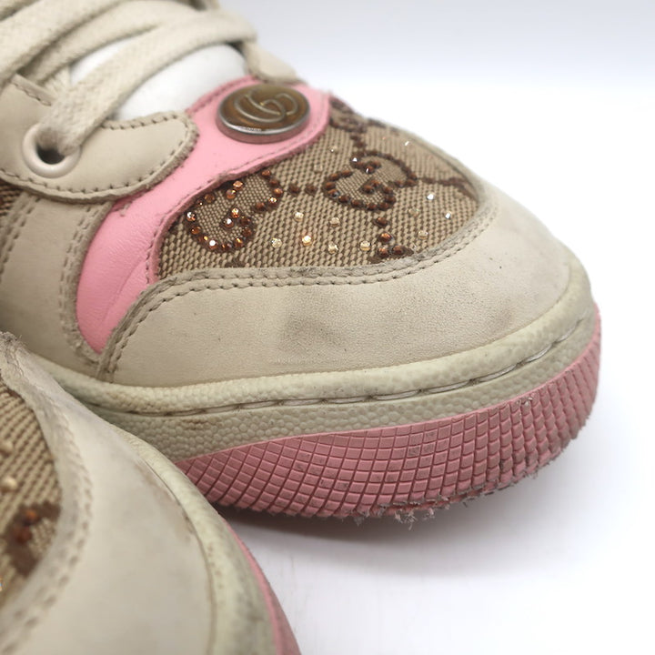 Gucci GG Crystal Screener Sneakers Ecru &amp; Pink Leather Size 37
