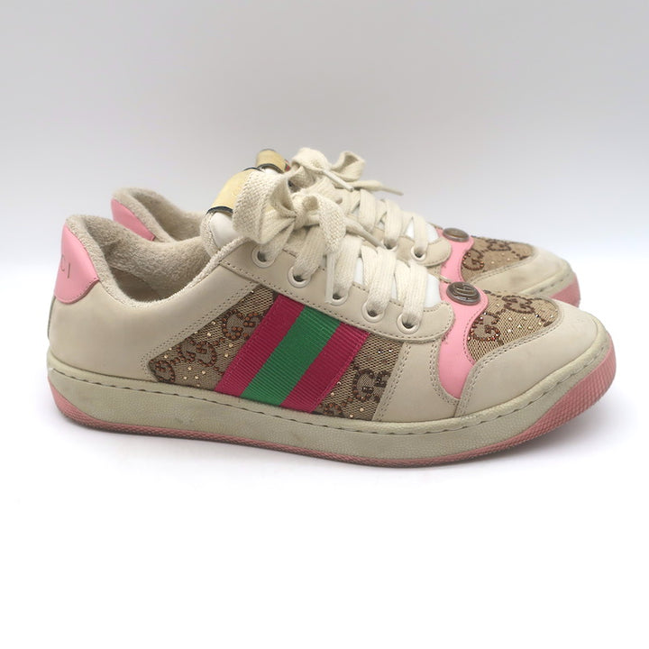 Gucci GG Crystal Screener Sneakers Ecru &amp; Pink Leather Size 37