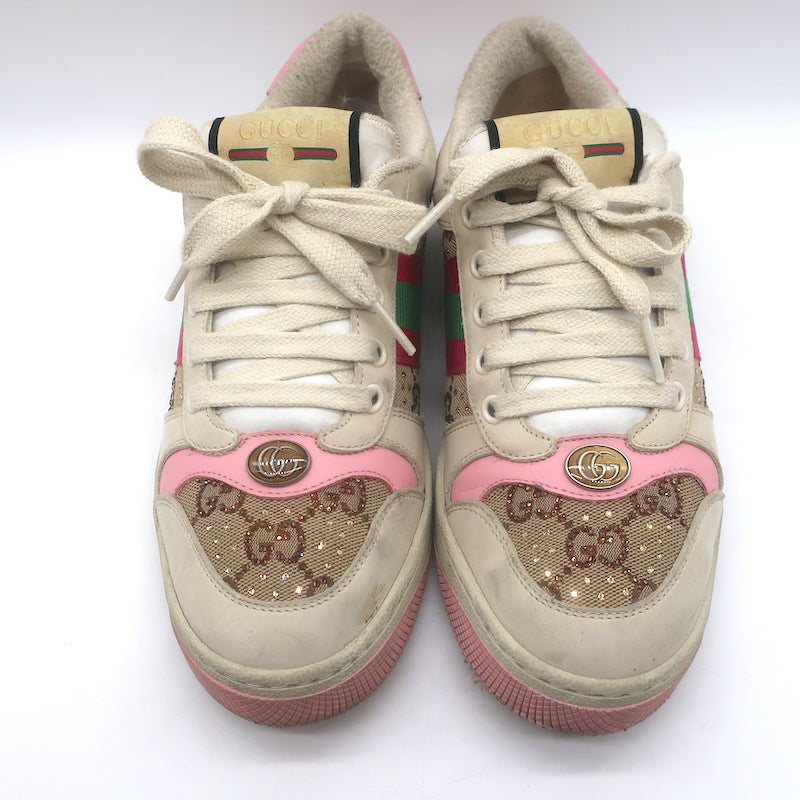 Gucci GG Crystal Screener Sneakers Ecru &amp; Pink Leather Size 37