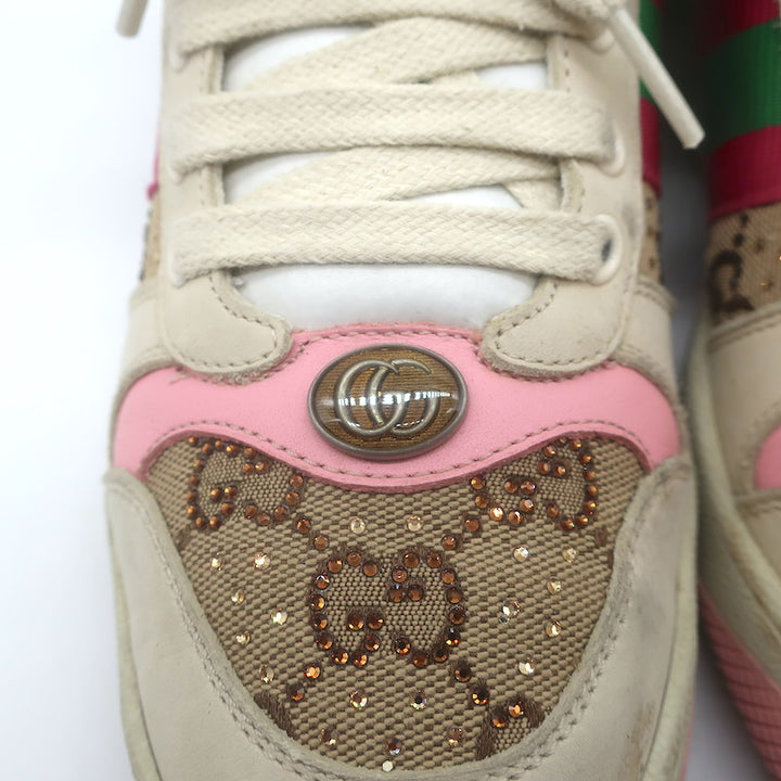 Gucci GG Crystal Screener Sneakers Ecru &amp; Pink Leather Size 37