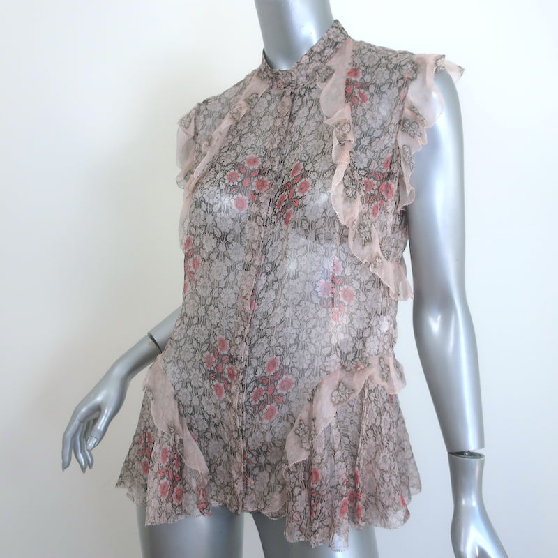 Alexander McQueen Sleeveless Ruffle Blouse Light Pink Floral Print Silk Size 42