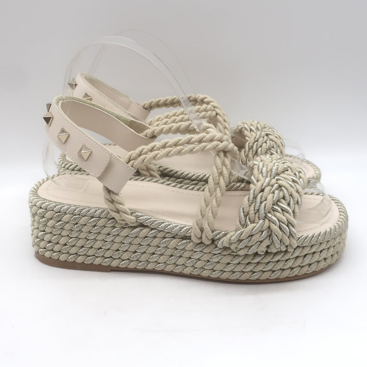Valentino Rockstud Torchon Rope Platform Wedge Sandals Beige/Silver Size 37