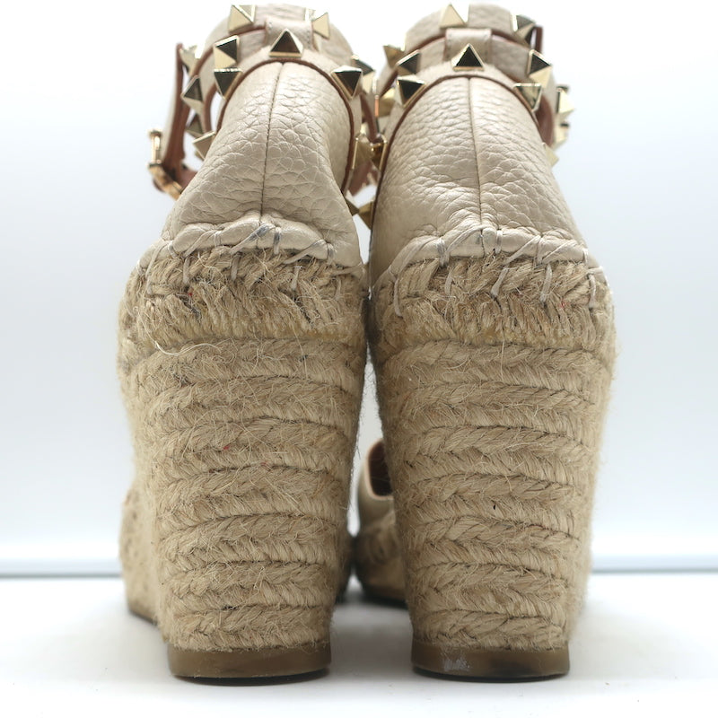 Valentino Rockstud Double Espadrille Wedges Cream Leather Size 38