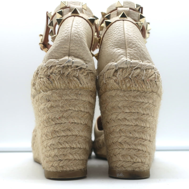 Valentino Rockstud Double Espadrille Wedges Cream Leather Size 38
