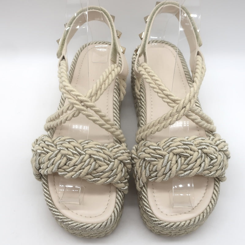 Valentino Rockstud Torchon Rope Platform Wedge Sandals Beige/Silver Size 37