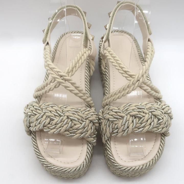 Valentino Rockstud Torchon Rope Platform Wedge Sandals Beige/Silver Size 37