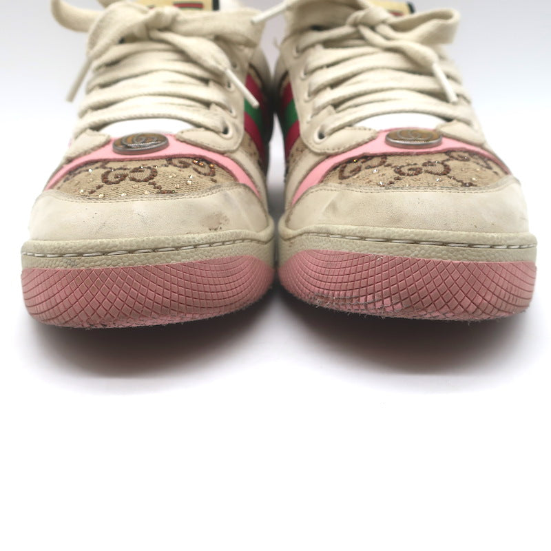 Gucci GG Crystal Screener Sneakers Ecru &amp; Pink Leather Size 37