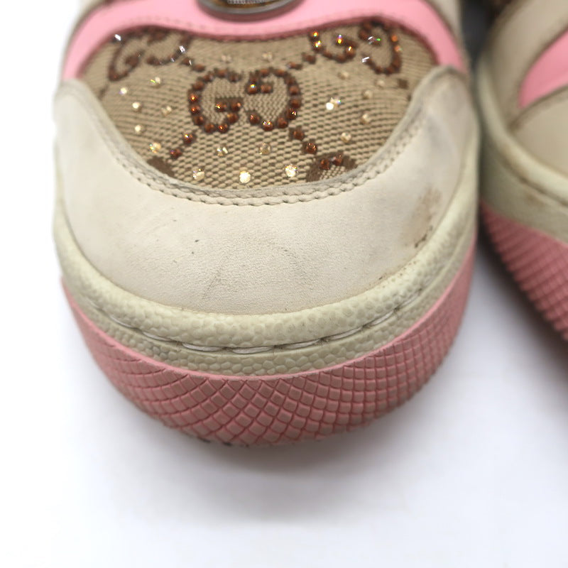 Gucci GG Crystal Screener Sneakers Ecru &amp; Pink Leather Size 37