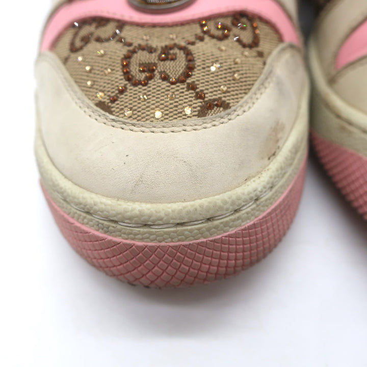Gucci GG Crystal Screener Sneakers Ecru &amp; Pink Leather Size 37
