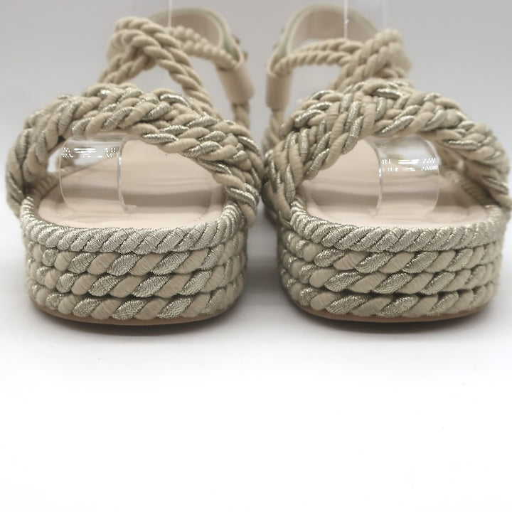 Valentino Rockstud Torchon Rope Platform Wedge Sandals Beige/Silver Size 37