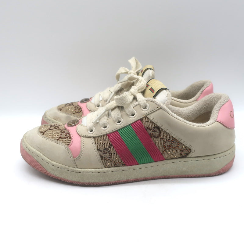 Gucci GG Crystal Screener Sneakers Ecru &amp; Pink Leather Size 37