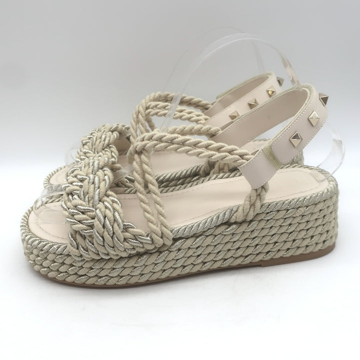 Valentino Rockstud Torchon Rope Platform Wedge Sandals Beige/Silver Size 37