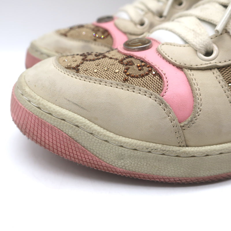 Gucci GG Crystal Screener Sneakers Ecru &amp; Pink Leather Size 37