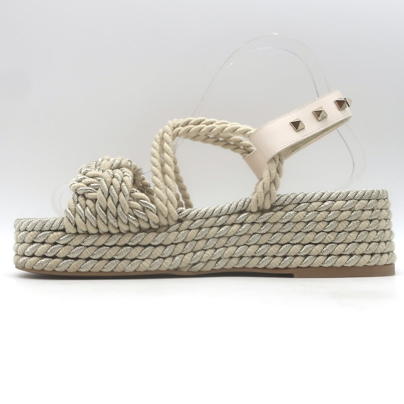 Valentino Rockstud Torchon Rope Platform Wedge Sandals Beige/Silver Size 37