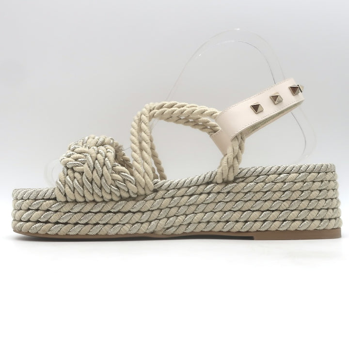 Valentino Rockstud Torchon Rope Platform Wedge Sandals Beige/Silver Size 37
