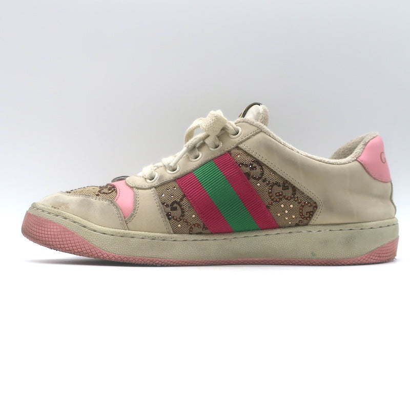 Gucci GG Crystal Screener Sneakers Ecru &amp; Pink Leather Size 37