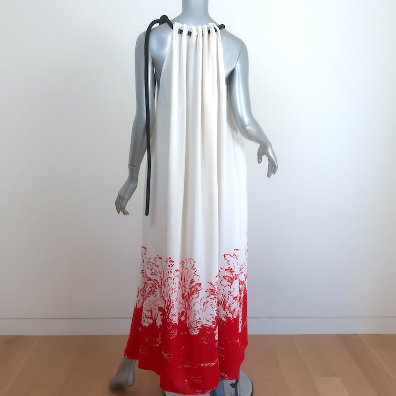 Proenza Schouler Tie-Neck Maxi Dress White/Red Mono Floral Printed Crepe Size 2